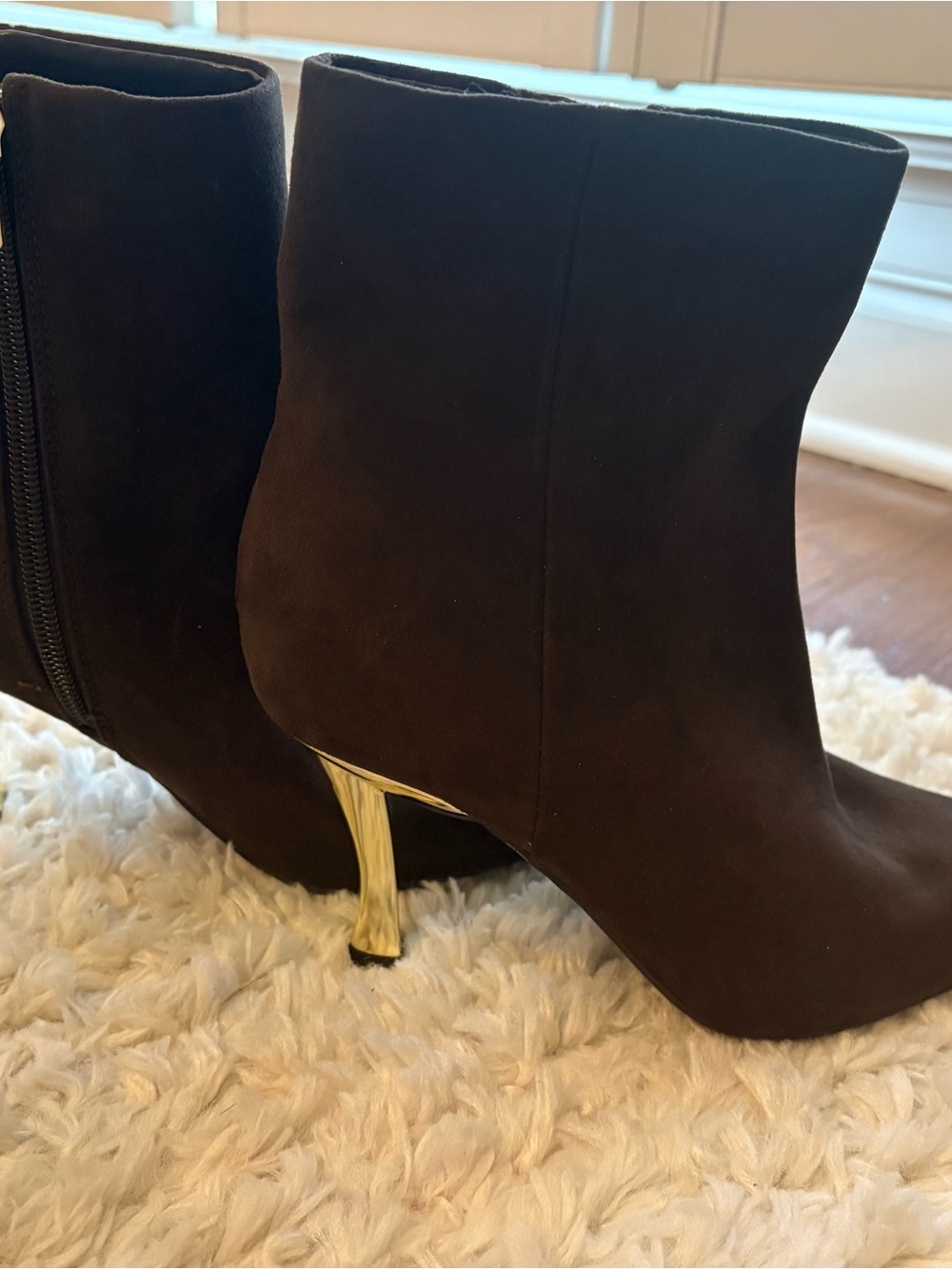 Nine West Brown Suede Ankle Boots with Gold Sculpted Heel